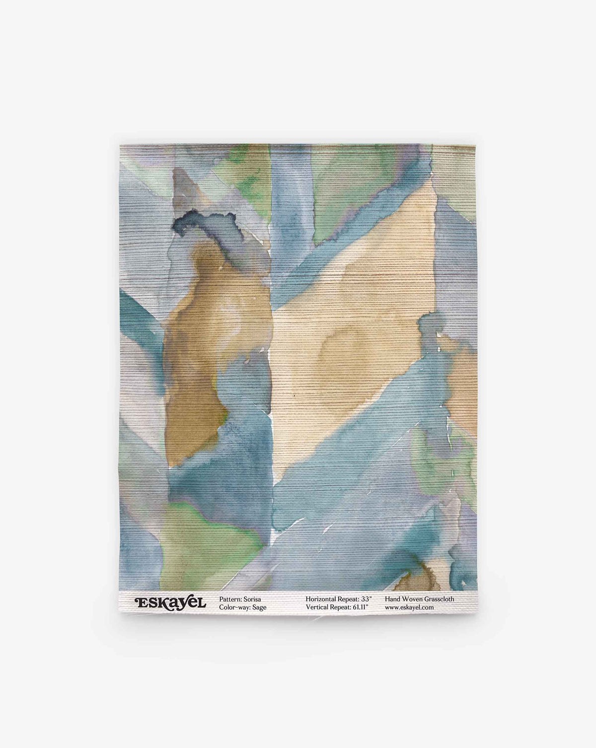 Abstract pastel wallcovering sample with overlapping blue, green, and tan geometric shapes, resembling grasscloth. Text at the bottom: Sorisa Grasscloth||Sage.