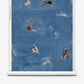Swim Grasscloth||Lake coastal wallpaper featuring a pattern of people swimming and floating on rafts in blue water.