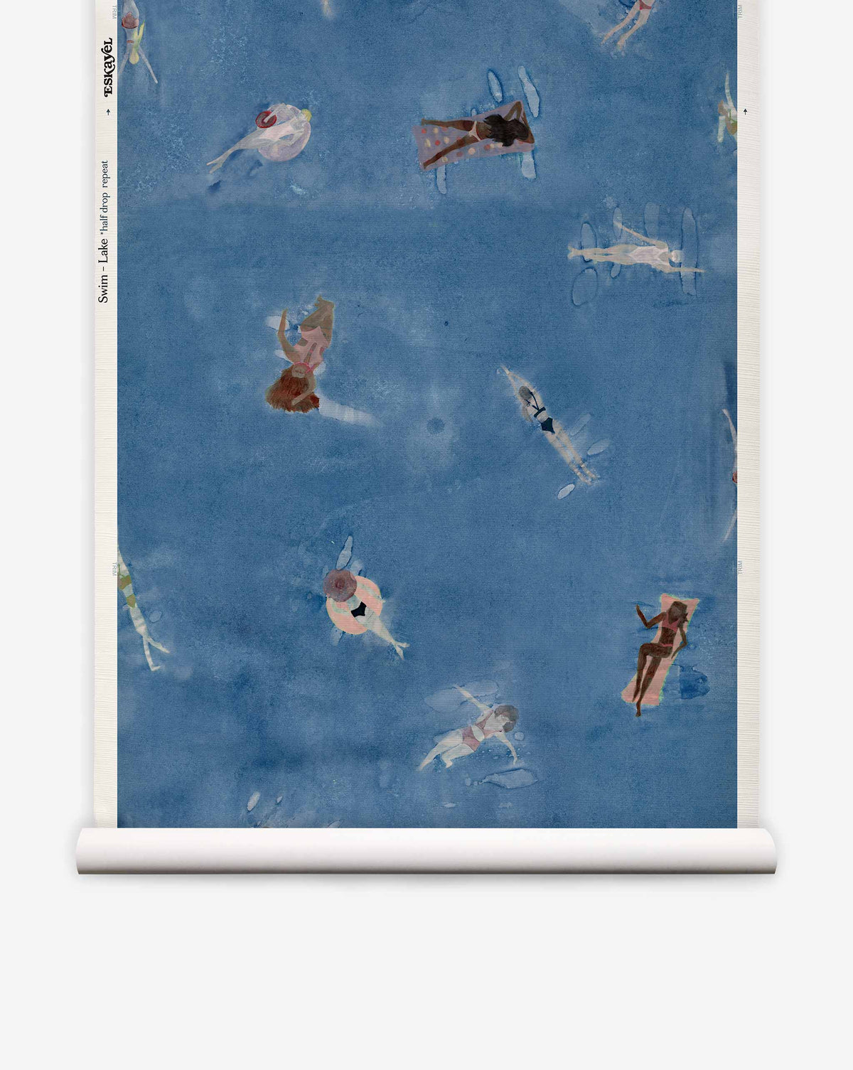Swim Grasscloth||Lake coastal wallpaper featuring a pattern of people swimming and floating on rafts in blue water.