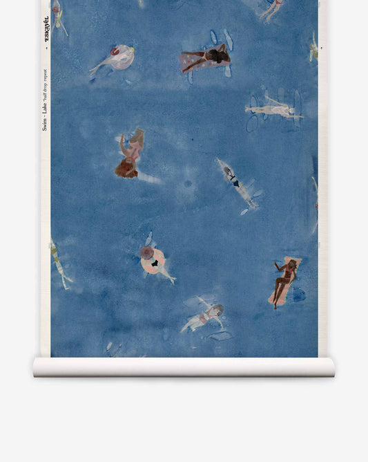 Swim Grasscloth||Lake coastal wallpaper featuring a pattern of people swimming and floating on rafts in blue water.