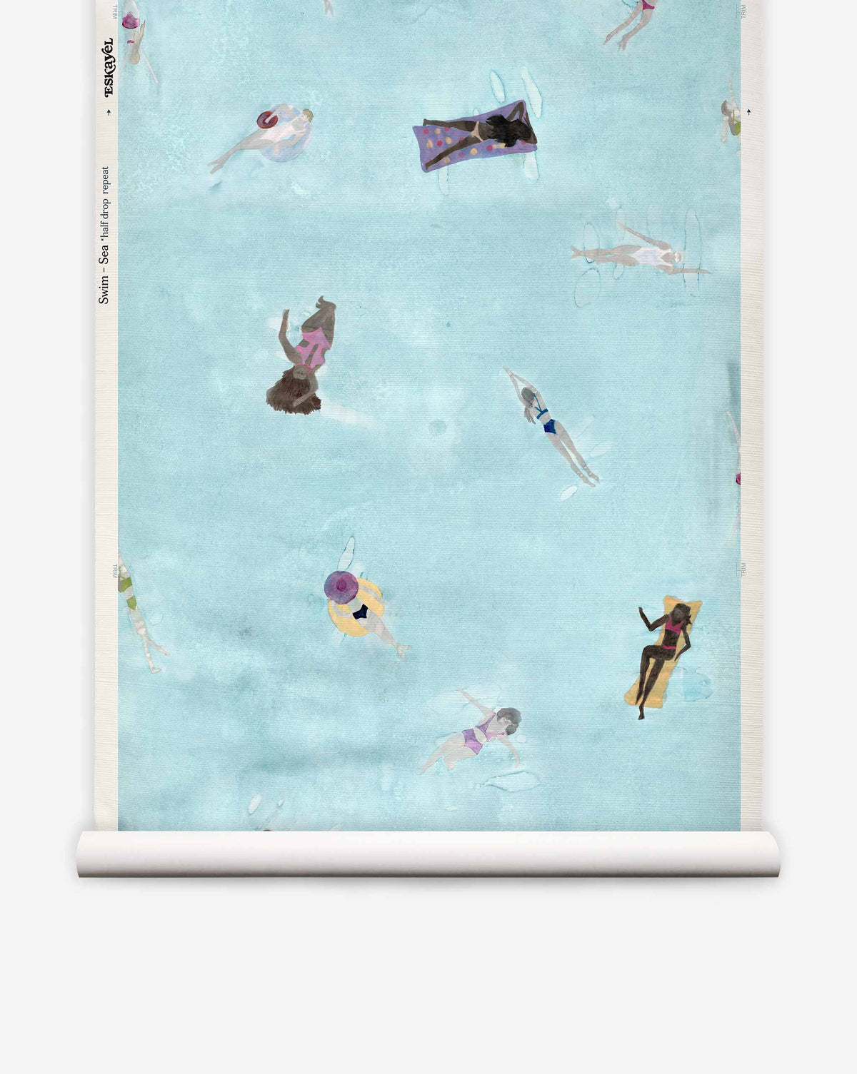 Swim Grasscloth||Sea coastal wallpaper featuring an illustration of people swimming and floating on pool floats in light blue water.