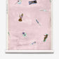 Blush pink Swim Grasscloth||Shell wallpaper featuring an illustrated pattern of people swimming and lounging on pool floats.