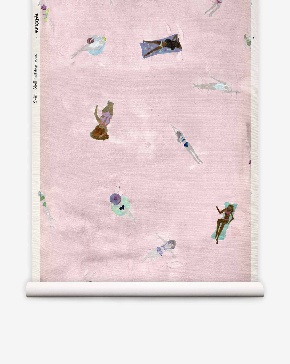 Blush pink Swim Grasscloth||Shell wallpaper featuring an illustrated pattern of people swimming and lounging on pool floats.