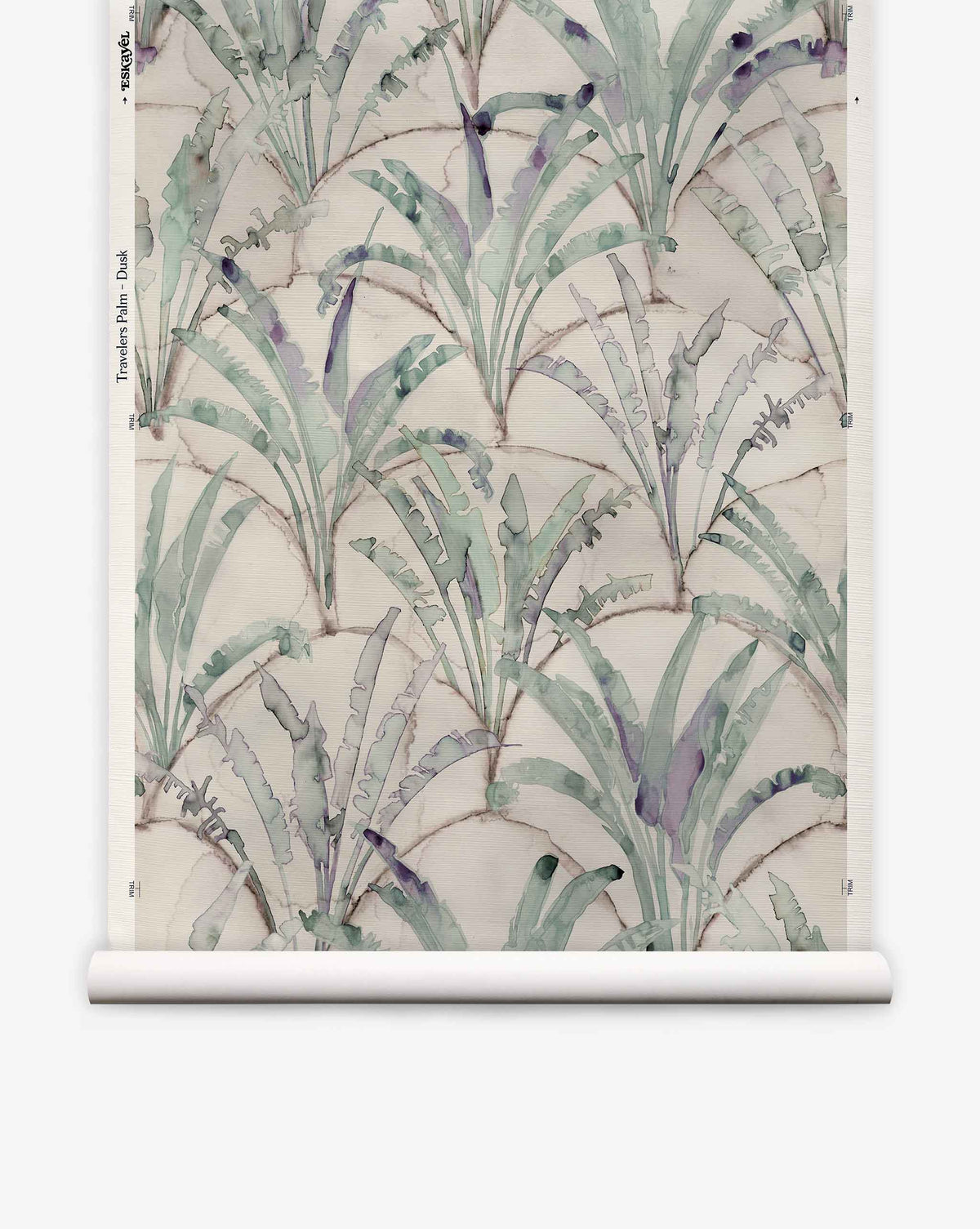 Travelers Palm Grasscloth||Dusk hand-woven wallpaper featuring a watercolor pattern of palm leaves over a faint, scalloped grid in shades of green and purple on a neutral biophilic background.