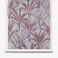 Travelers Palm Grasscloth in Pomegranate features hand-woven grasscloth with a repeating watercolor pattern of red-purple palm leaves over a faint, scalloped grey arch design.