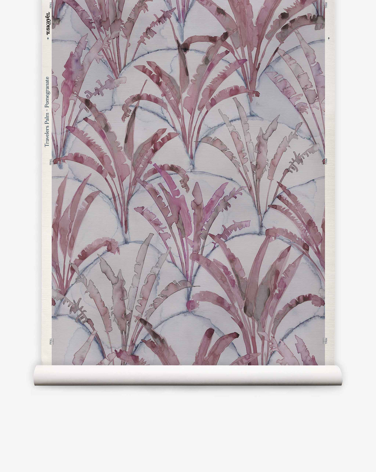Travelers Palm Grasscloth in Pomegranate features hand-woven grasscloth with a repeating watercolor pattern of red-purple palm leaves over a faint, scalloped grey arch design.