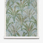 Travelers Palm Grasscloth in Sage featuring a biophilic pattern of repeating watercolor green palm leaves in overlapping fan shapes against a pale blue grasscloth background.