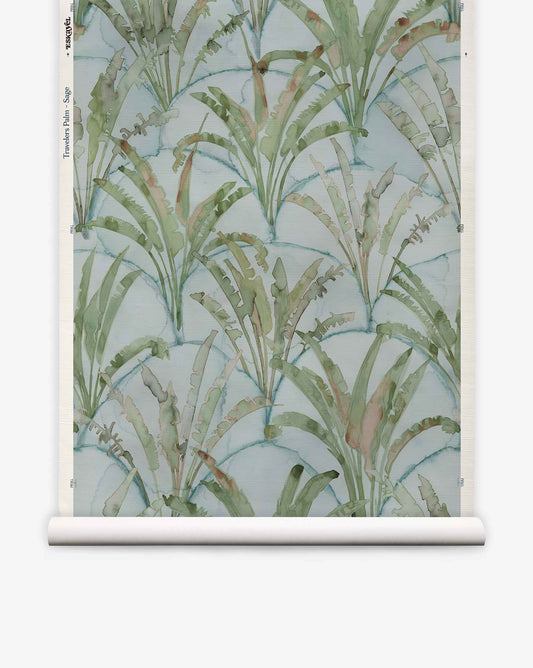 Travelers Palm Grasscloth in Sage featuring a biophilic pattern of repeating watercolor green palm leaves in overlapping fan shapes against a pale blue grasscloth background.