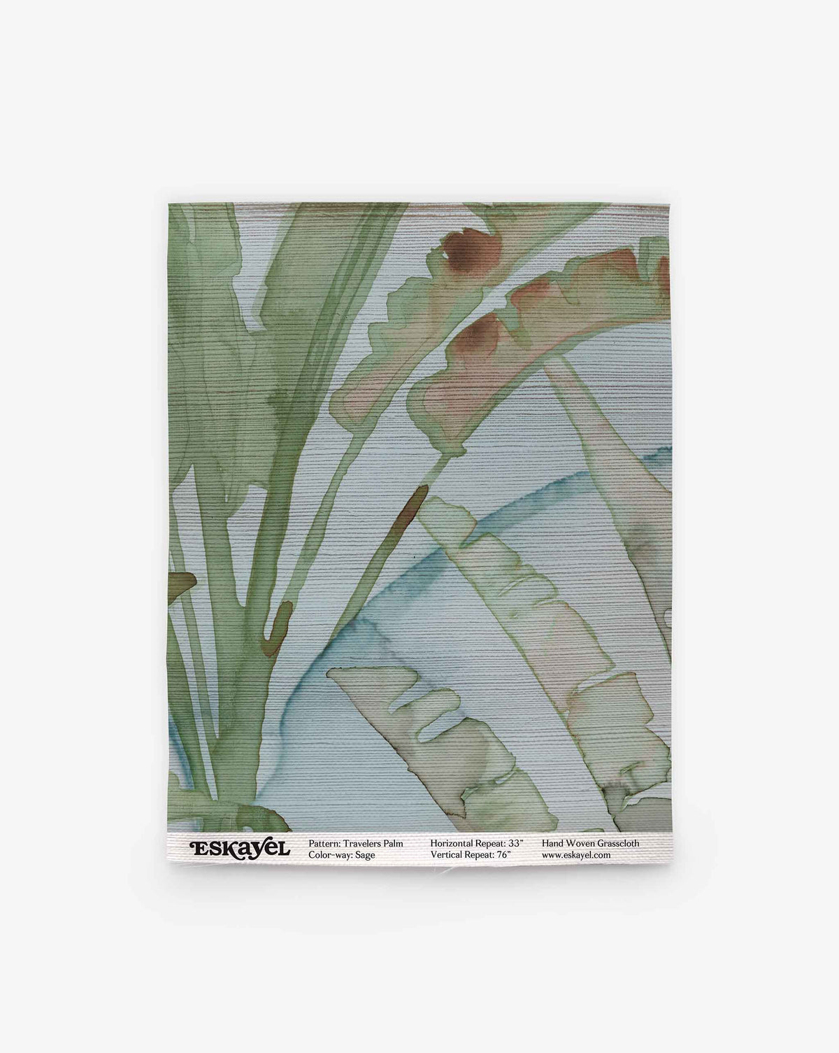 A Travelers Palm Grasscloth Sample in Sage featuring a watercolor palm leaf pattern in sage green and brown, with text at the bottom detailing the name, repeat measurements, and material.