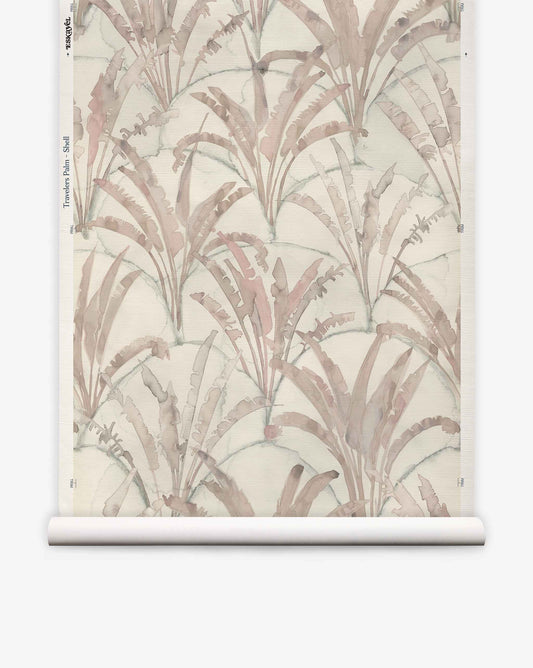 Travelers Palm Grasscloth in Shell wallpaper featuring a biophilic pattern of muted brown tropical palm leaves on a light, textured hand-woven grasscloth background.