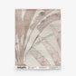 A Travelers Palm Grasscloth Sample in Shell, featuring a textured, hand-woven grasscloth with a watercolor-style pink and taupe palm leaf pattern and printed order details along the bottom edge.