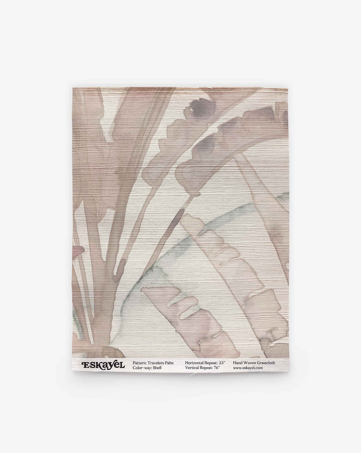 A Travelers Palm Grasscloth Sample in Shell, featuring a textured, hand-woven grasscloth with a watercolor-style pink and taupe palm leaf pattern and printed order details along the bottom edge.