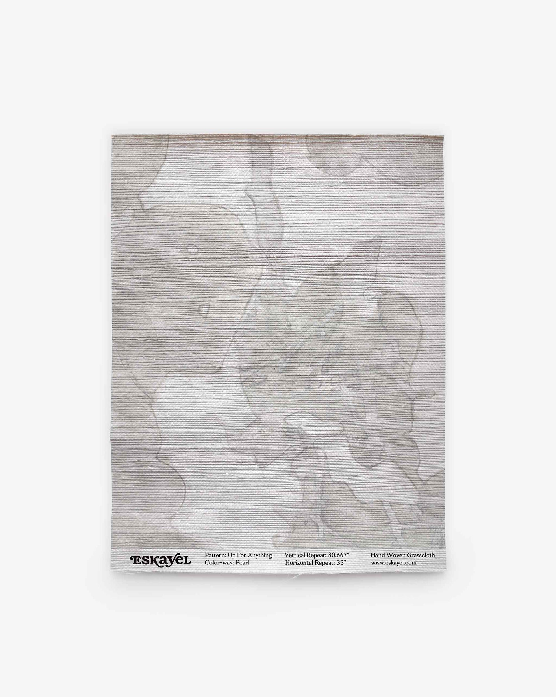 A folded, semi-transparent scarf named “Up for Anything Grasscloth||Pearl” features an abstract botanical pattern with gray shapes and fine horizontal lines. Displayed on a white background, the brand and product details are printed along the bottom edge.