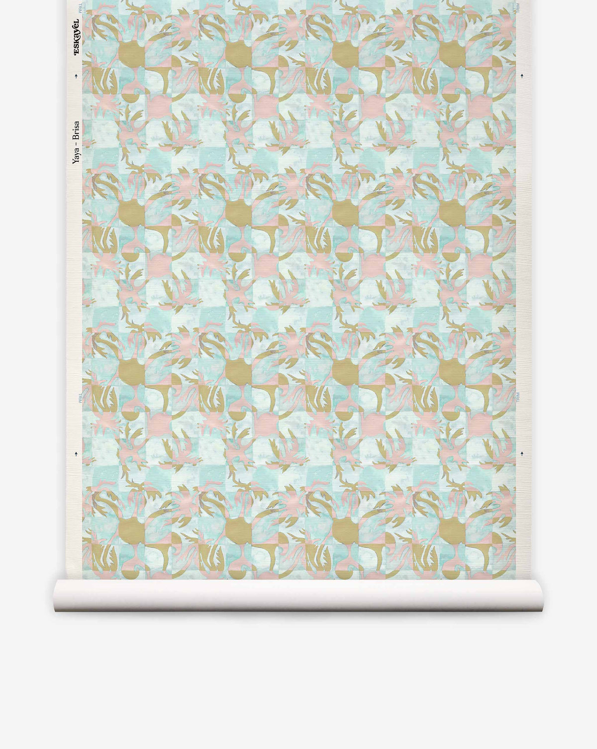 A roll of Yaya Grasscloth||Brisa wallpaper featuring a repeating pattern of abstract gold, pink, and light blue shapes set against a textured, grid-like sisal grasscloth background.