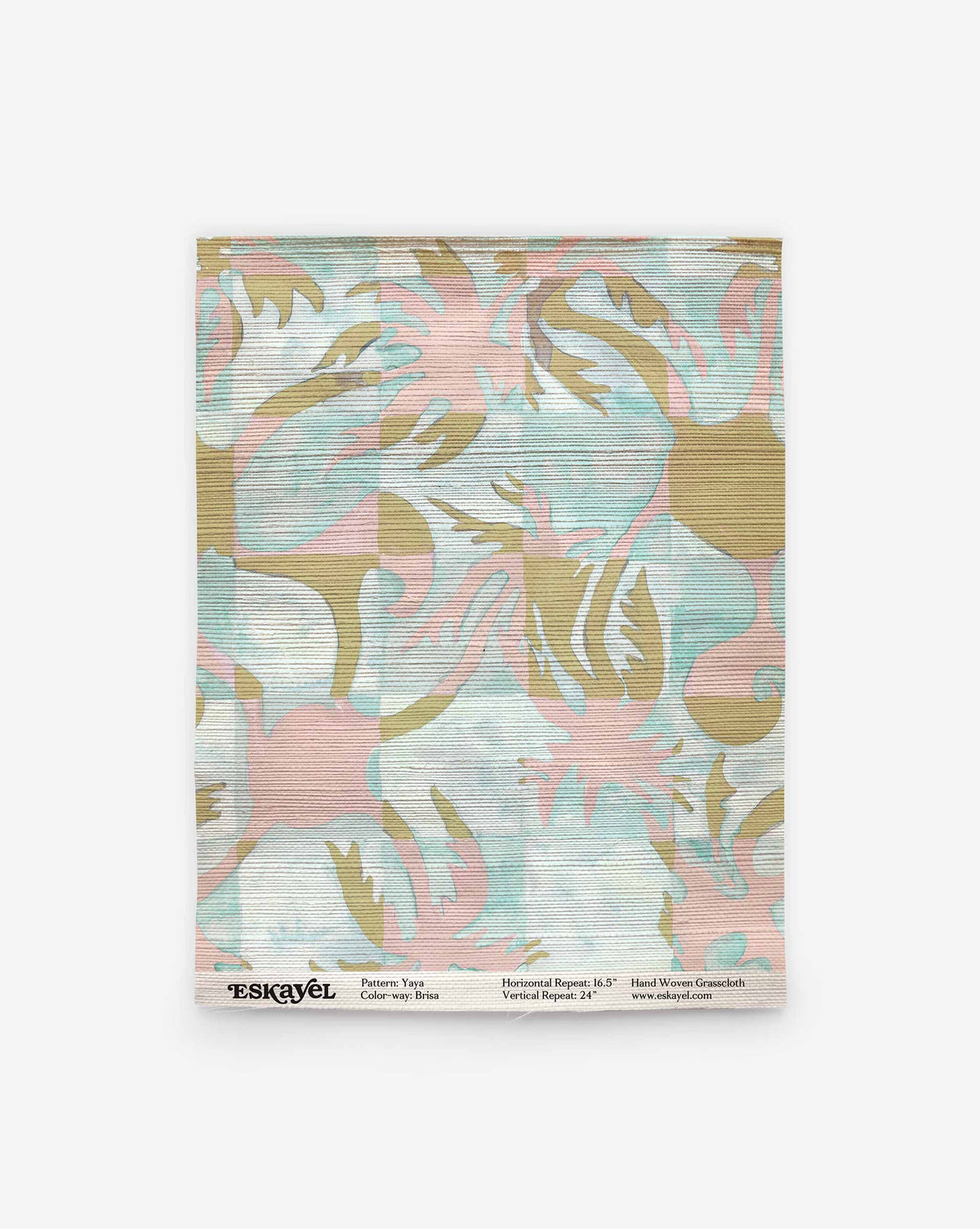 Yaya Grasscloth Sample in Brisa, featuring a grid of soft pink, light blue, and tan abstract floral-like shapes.