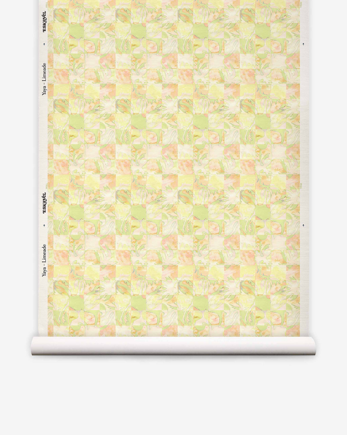 A roll of Yaya Grasscloth||Limeade wallpaper featuring a checkered pattern of light green, yellow, and soft orange abstract floral shapes.
