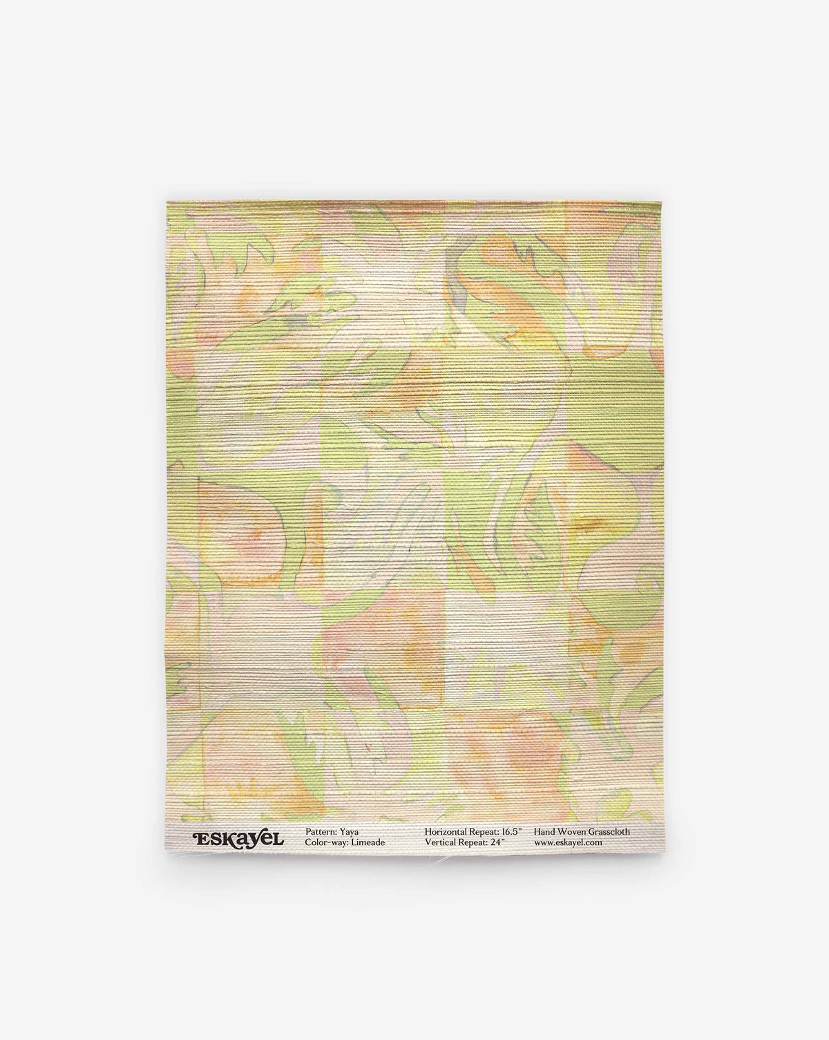 A rectangular Yaya Grasscloth Sample in Limeade featuring a lime green, yellow, and peach abstract patterned grasscloth wallpaper with product information printed along the bottom edge.