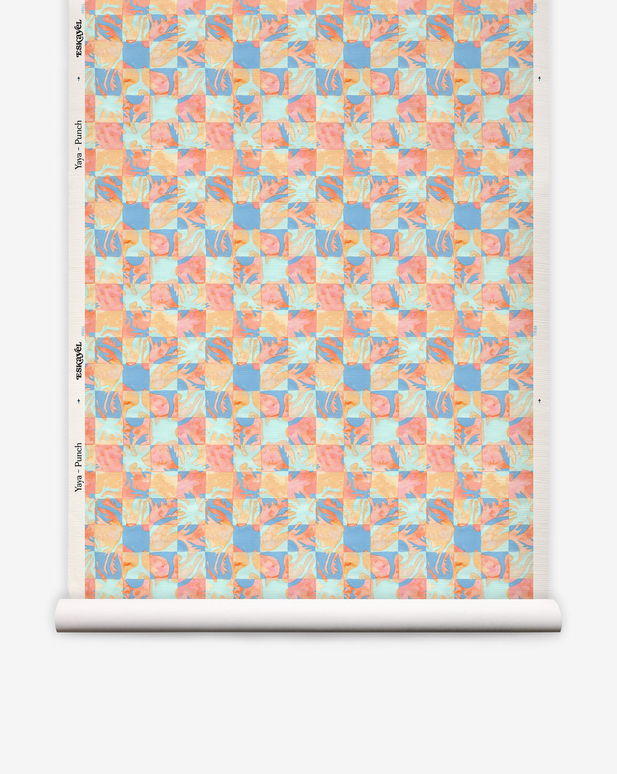A roll of Yaya Grasscloth||Punch coastal aquarelle wallpaper featuring a checkered pattern of abstract shapes in shades of pink, orange, and blue.
