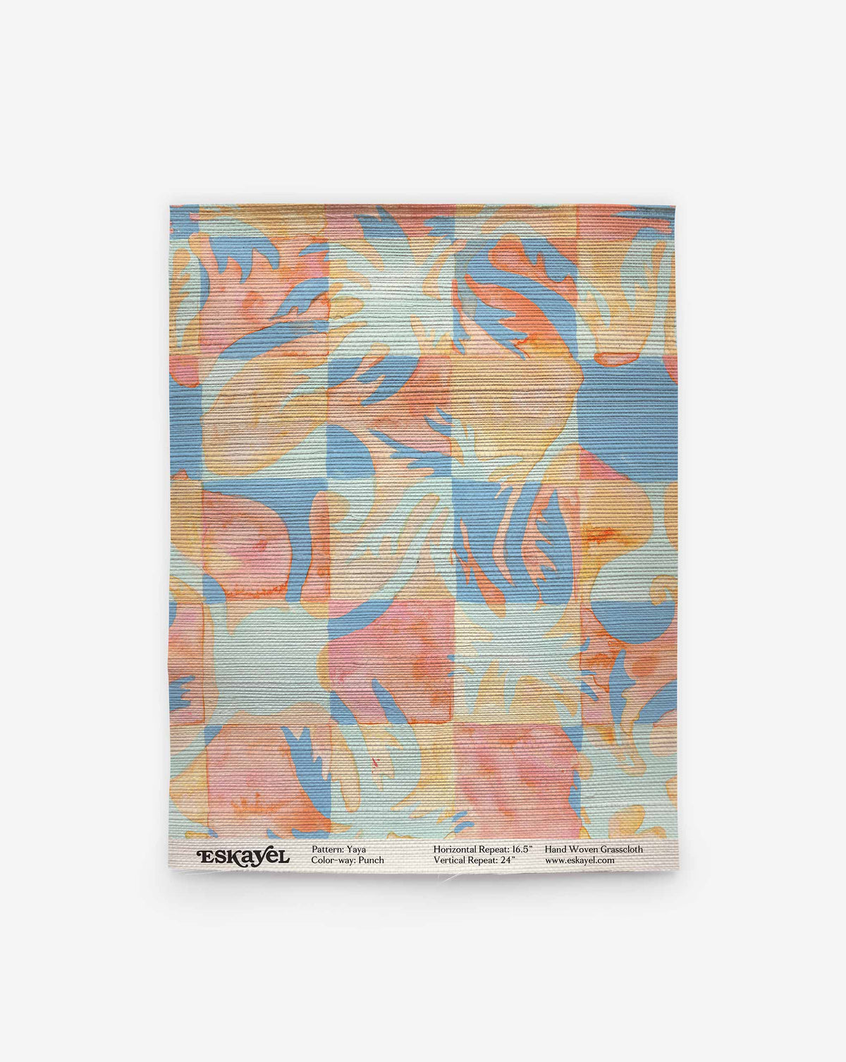 Yaya Grasscloth Sample in Punch, a rectangular piece of woven grasscloth featuring an abstract, grid-like pattern in watercolor shades of coral, blue, and peach.