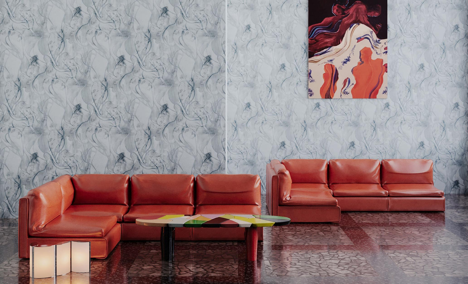 Hibsicus lilys wallpaper in the coloryway lapis installed in a living room and styled with red couches 