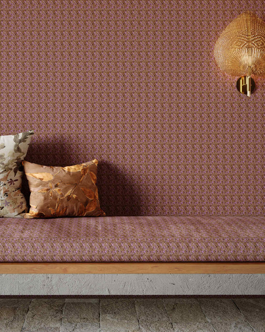An interior using Eskayel’s Alhelí, a tiny repeating pattern for fabric inspired by tropical living, in the brown-based Rubra colorway.