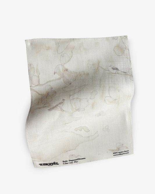 Botanical Dogwood Dreams Flax Fabric sample in lbeige tones with hints of lilac | Eskayel