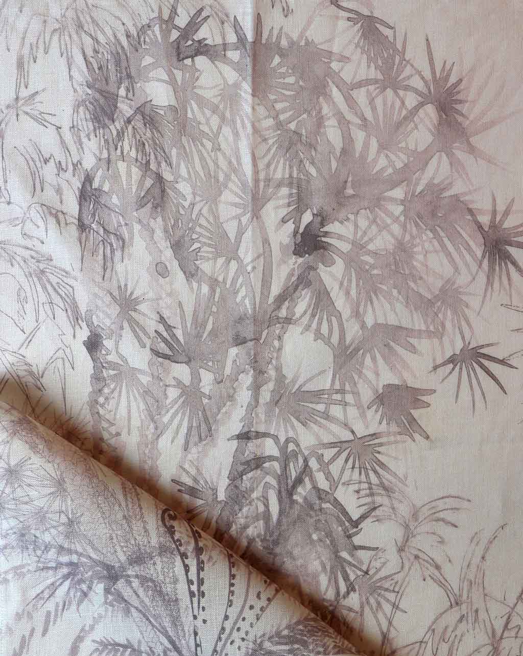 A piece of Domenica Fabric 1 Yard Lumier from the Salentu Collection with a custom drawing of a bamboo tree