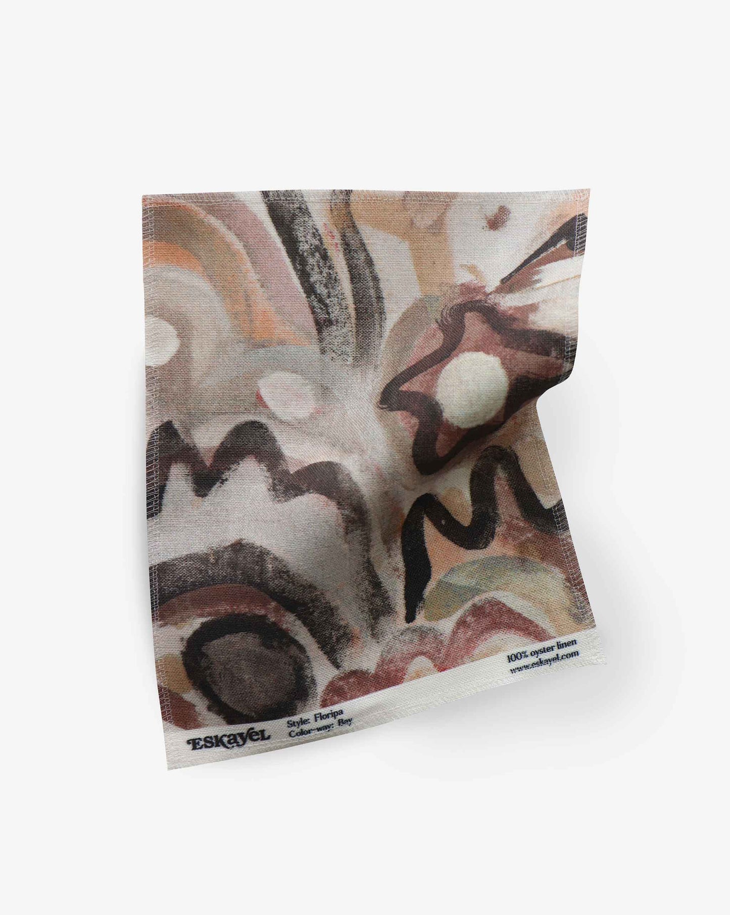 A fabric swatch with our Floripa pattern in Bay featuring a design inspired by the beautiful tropical island of Florianopolis in Brazil that provides a colorway of brown tones.