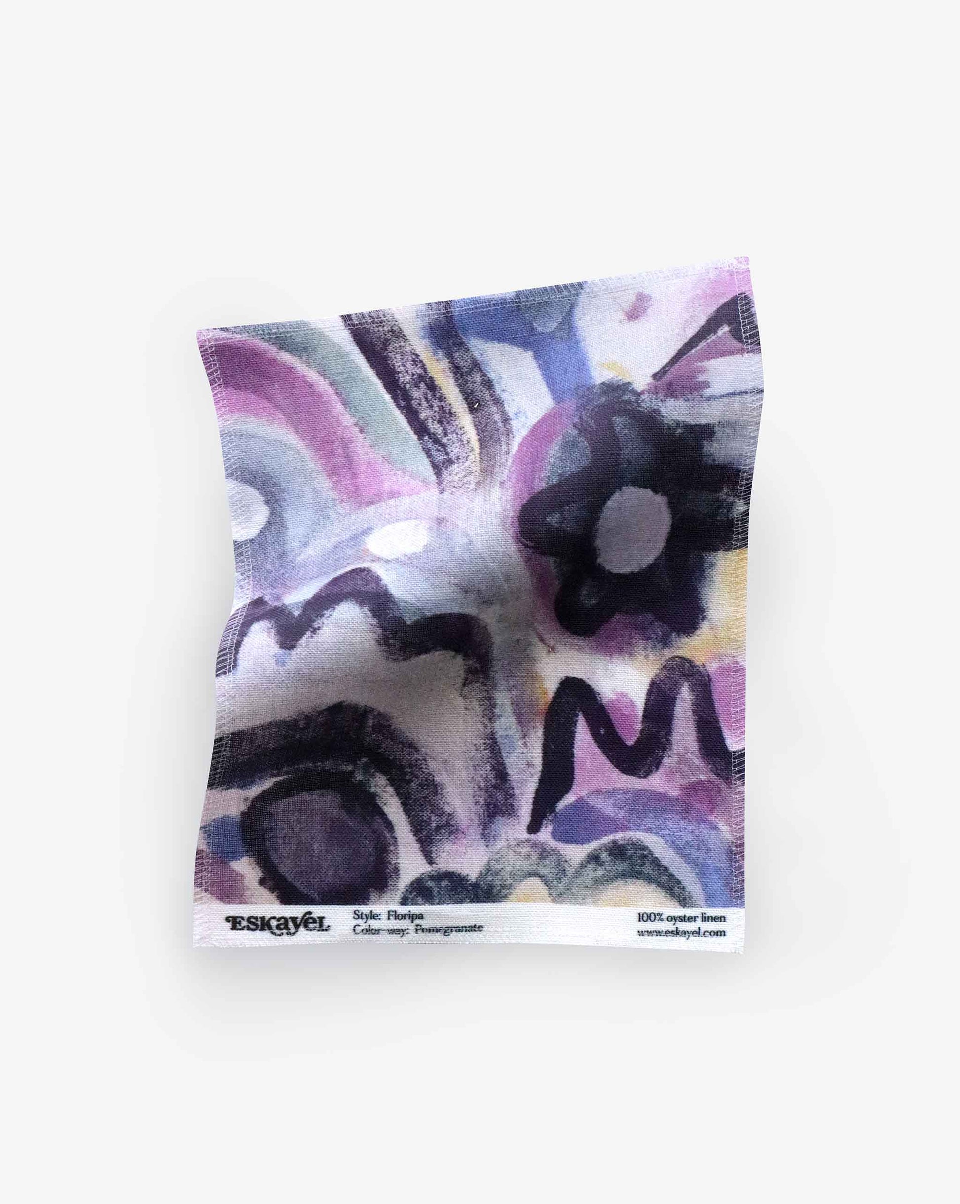 Square silk scarf with a purple, black, and blue abstract pattern, order a Floripa Fabric Sample to explore the quality firsthand; displayed on a white background.