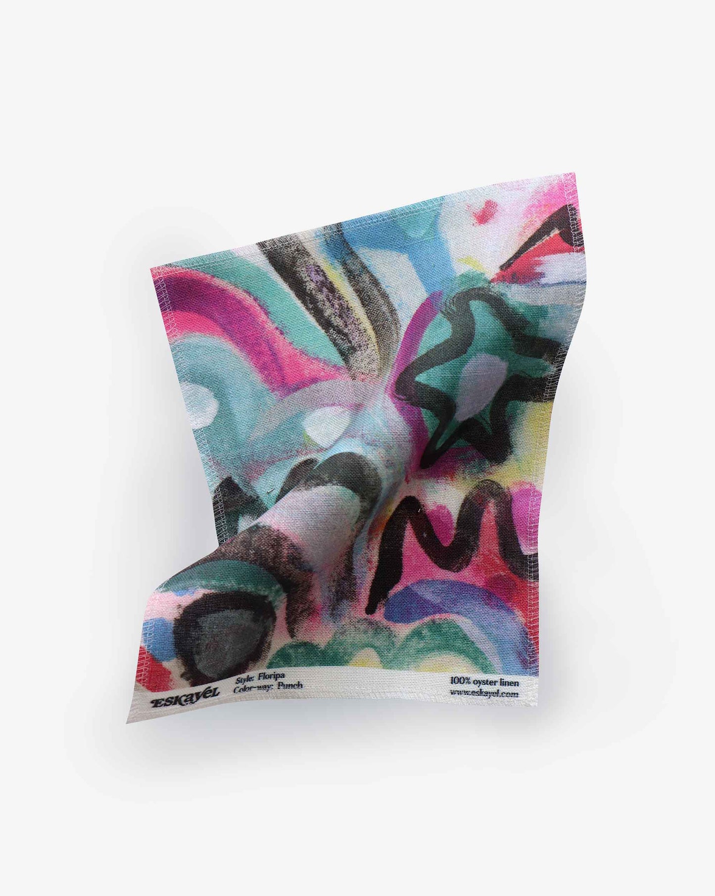 A colorful Floripa Fabric Sample handkerchief with an abstract design on 100% Egyptian cotton, displayed on a white background. Order Sample available.