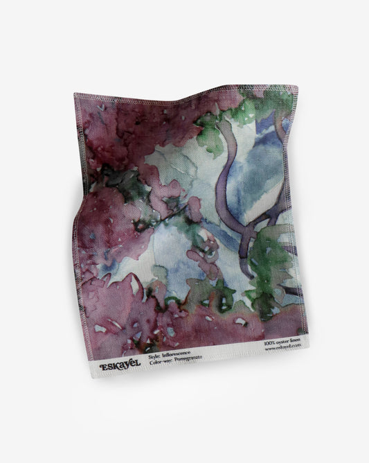 Artisanal Inflorescence Pomegranate Fabric sample featuring bougainvilleas floral bunches in shades of blue, green and purple | Eskayel