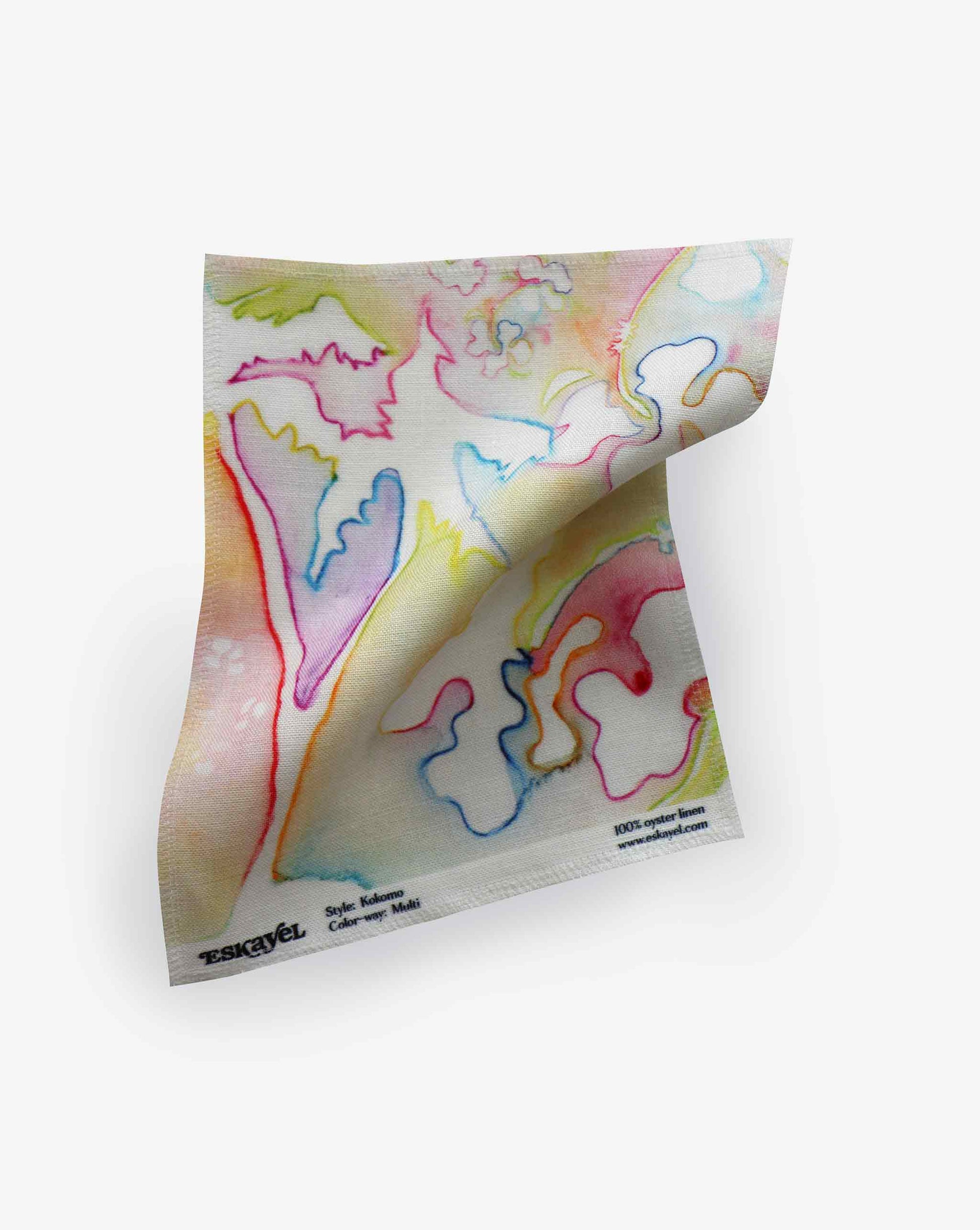A small, colorful towel with abstract patterns in pastel hues, featuring pink, yellow, green, and blue. It is slightly crumpled and displays the text "Escavel" and "100% signature fabric" on the corner. Order a Kokomo Fabric Sample||Multi to feel the luxurious texture for yourself.