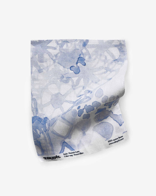 In the Fresco Blue colorway, a Nonna’s Lace fabric swatch shows the loose watercolor pattern in shades of blue.