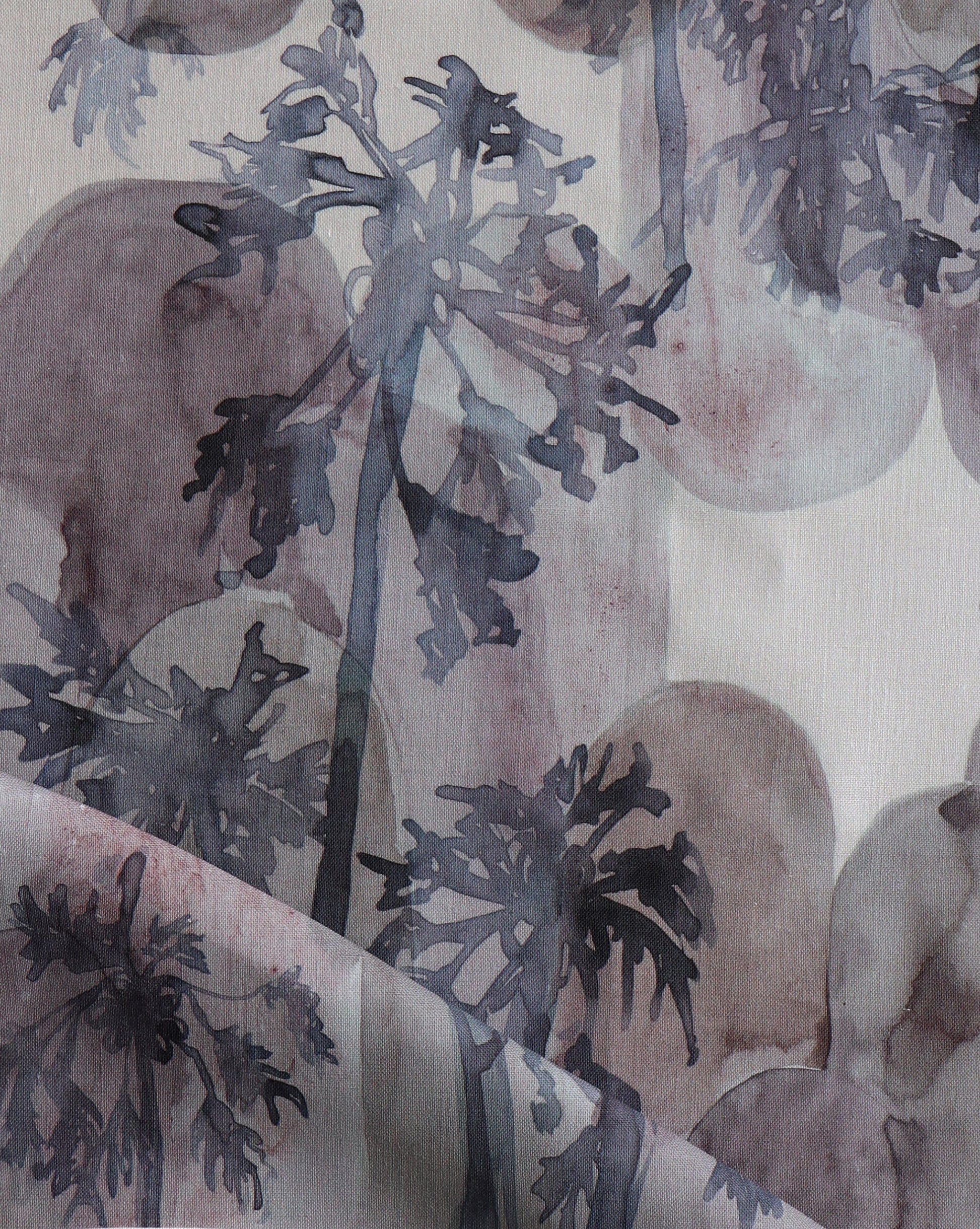 Depicting watercolor studies of a tropical tree, Papaya Arc fabric in our Pomegranate colorway features blue, purple and grey