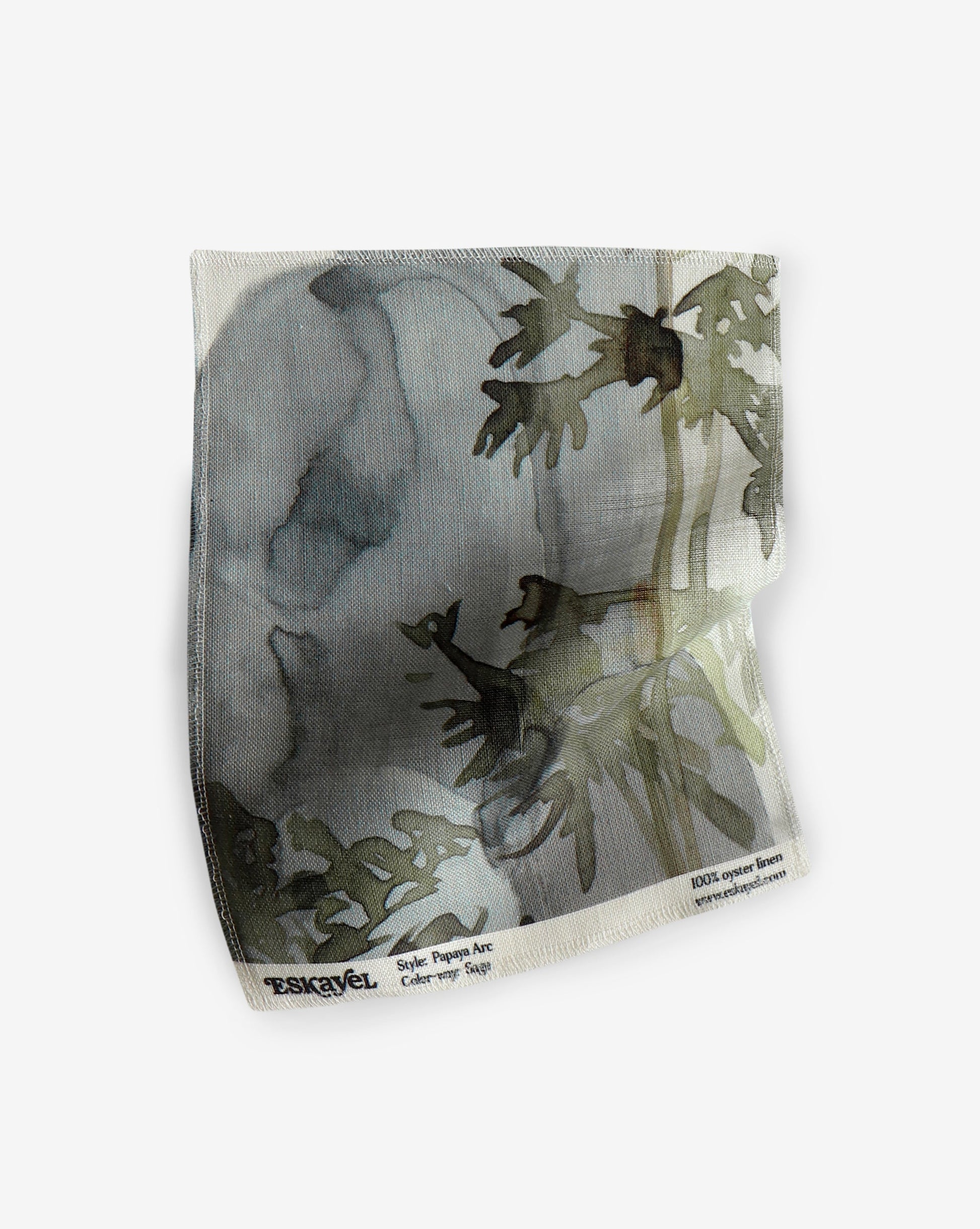 a sample of this Papaya Arc Fabric Sample Sage with an important painting of a bird on it