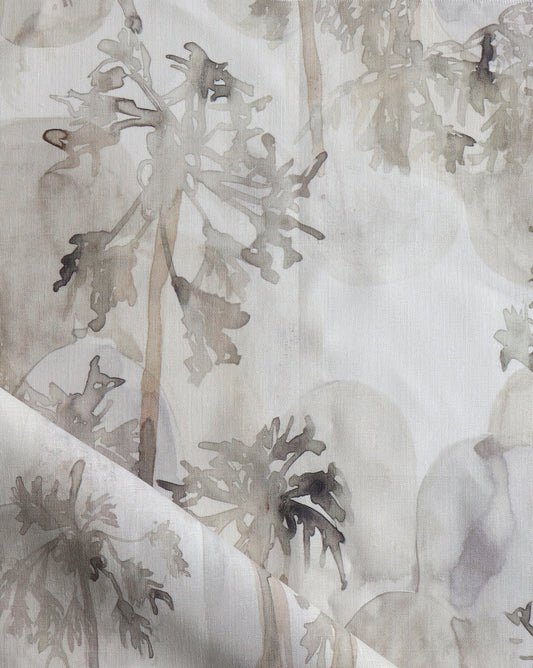 Depicting watercolor studies of a tropical tree, Papaya Arc fabric in our Sol colorway features neutrals from taupe to tan.     