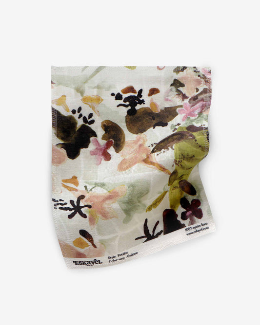 A fabric swatch image of our Pétalos pattern in the colorway Abalone with a palette of green with hints of pink and brown | Eksayel