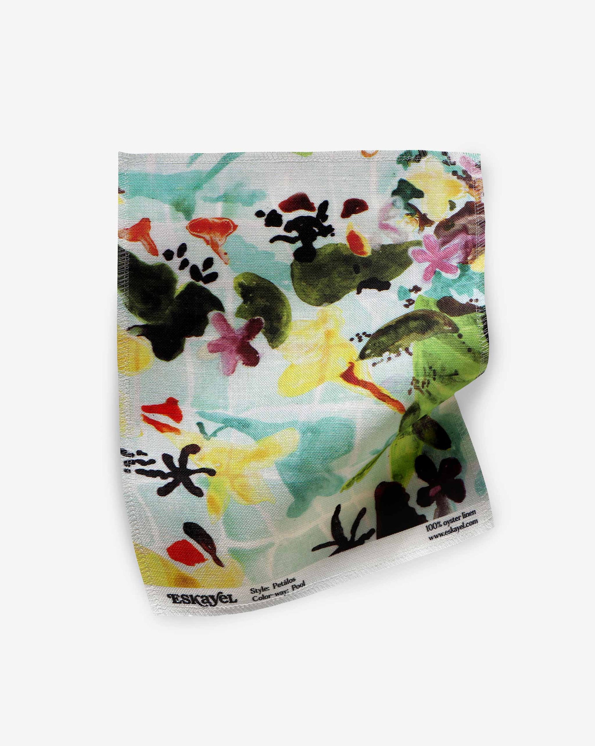 A fabric swatch of our Pétalos pattern in the color way pool with a turquoise base and multicolored foliage.
