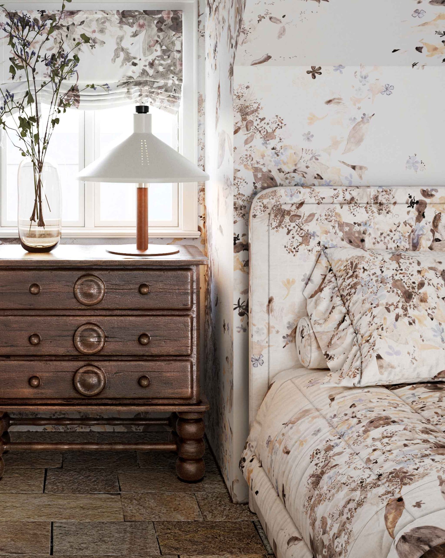 Pétalos Fabric Sand Dollar — ink-wash artwork of blooms and foliage blown by the wind into a swimming pool provided the starting point of this pattern. Sand Dollar is a botanical using pearl, cream, and oyster tones | Eskayel 