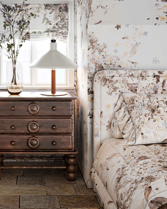 Eskayel Pétalos fabric in the Sand Dollar colorway includes pearl, cream, and oyster tones.     