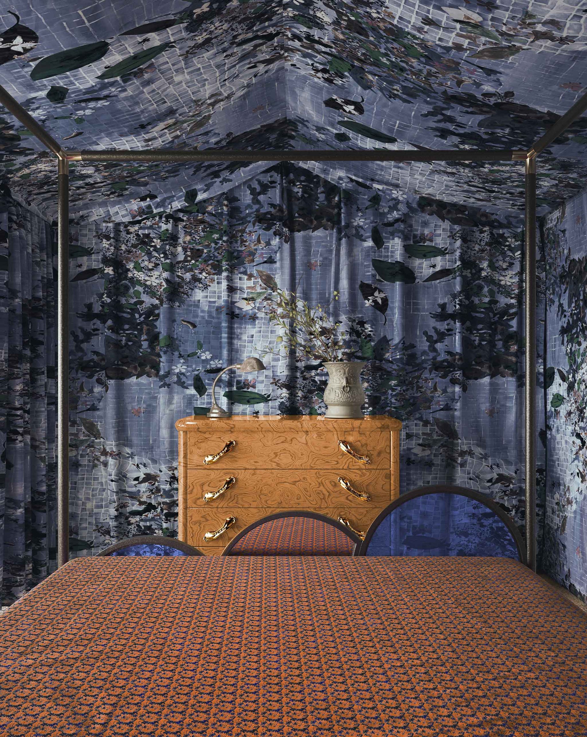 Eskayel’s Pétalos fabric in the Tide pool colorway shows gentle botanicals in an immersive blue palette.