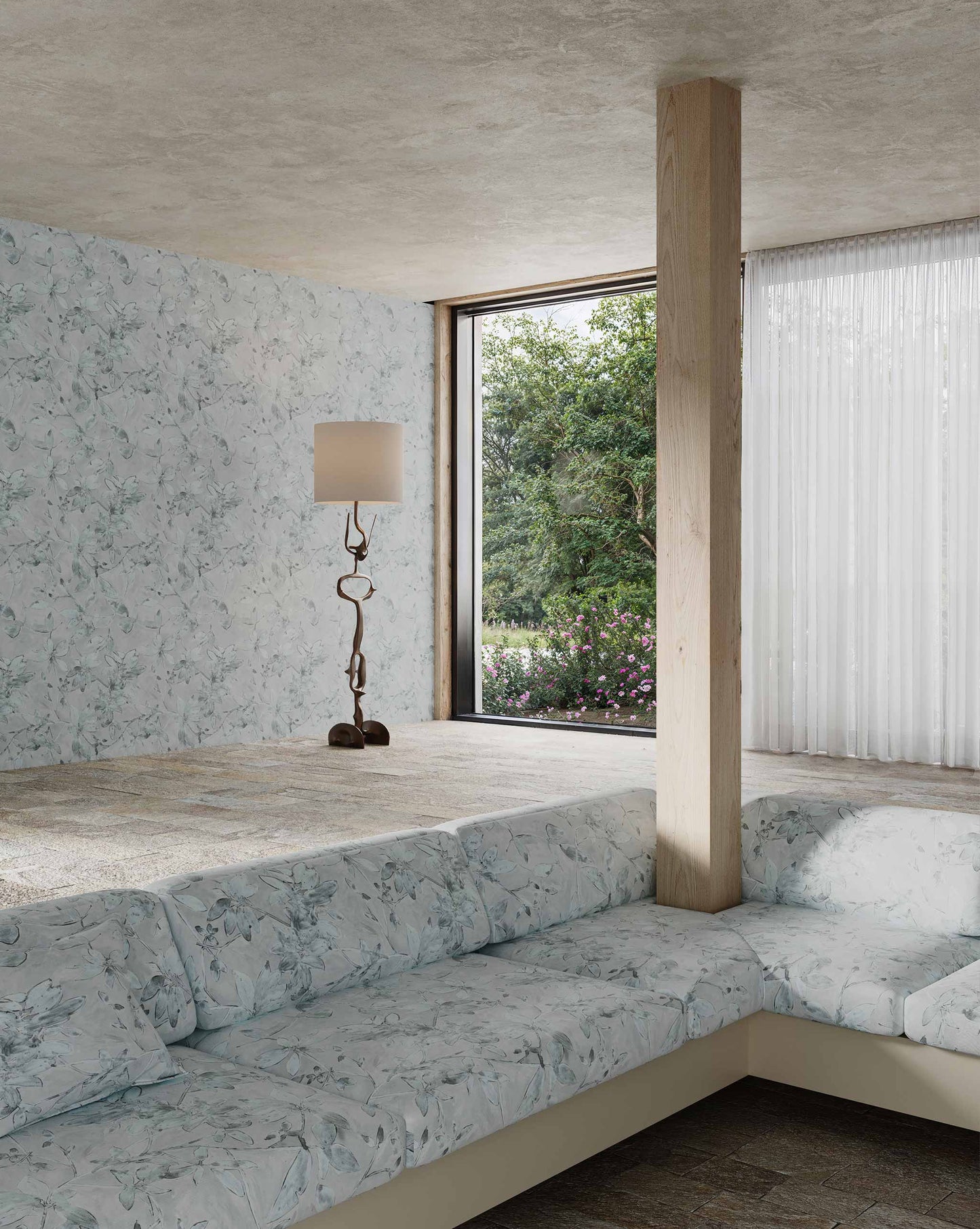  Eskayel’s Plumeria Shadows fabric pattern in the Shadow colorway featuring a grey palette.