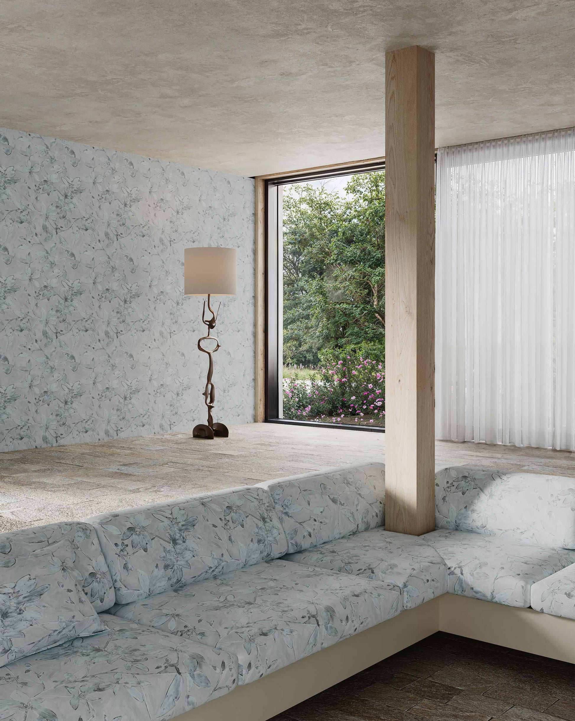  Eskayel’s Plumeria Shadows fabric pattern in the Shadow colorway featuring a grey palette.