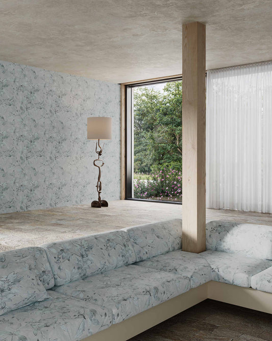  Eskayel’s Plumeria Shadows fabric pattern in the Shadow colorway featuring a grey palette.