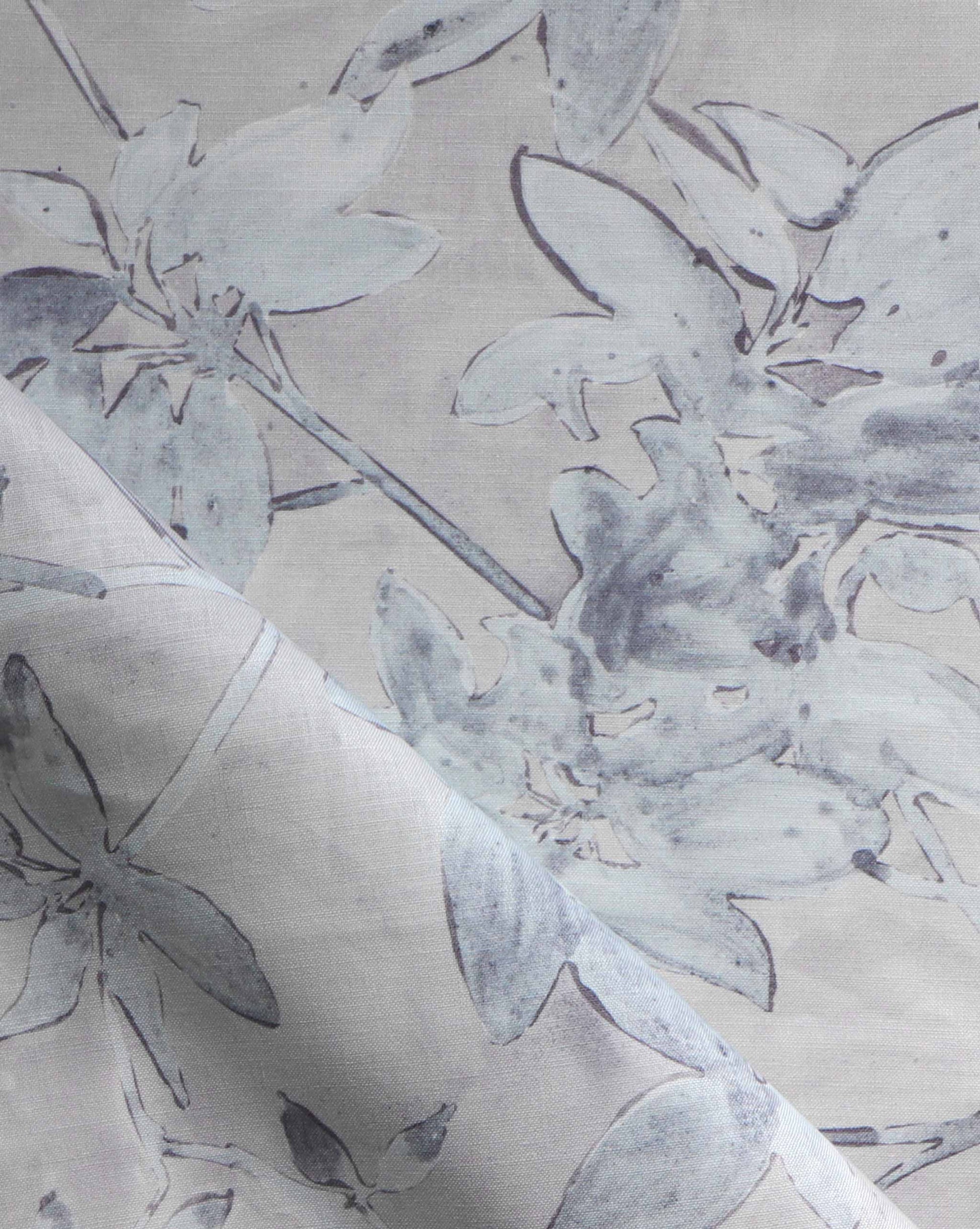 A detail photo of Eskayel’s Plumeria Shadows fabric pattern in the Shadow colorway featuring a grey palette.
