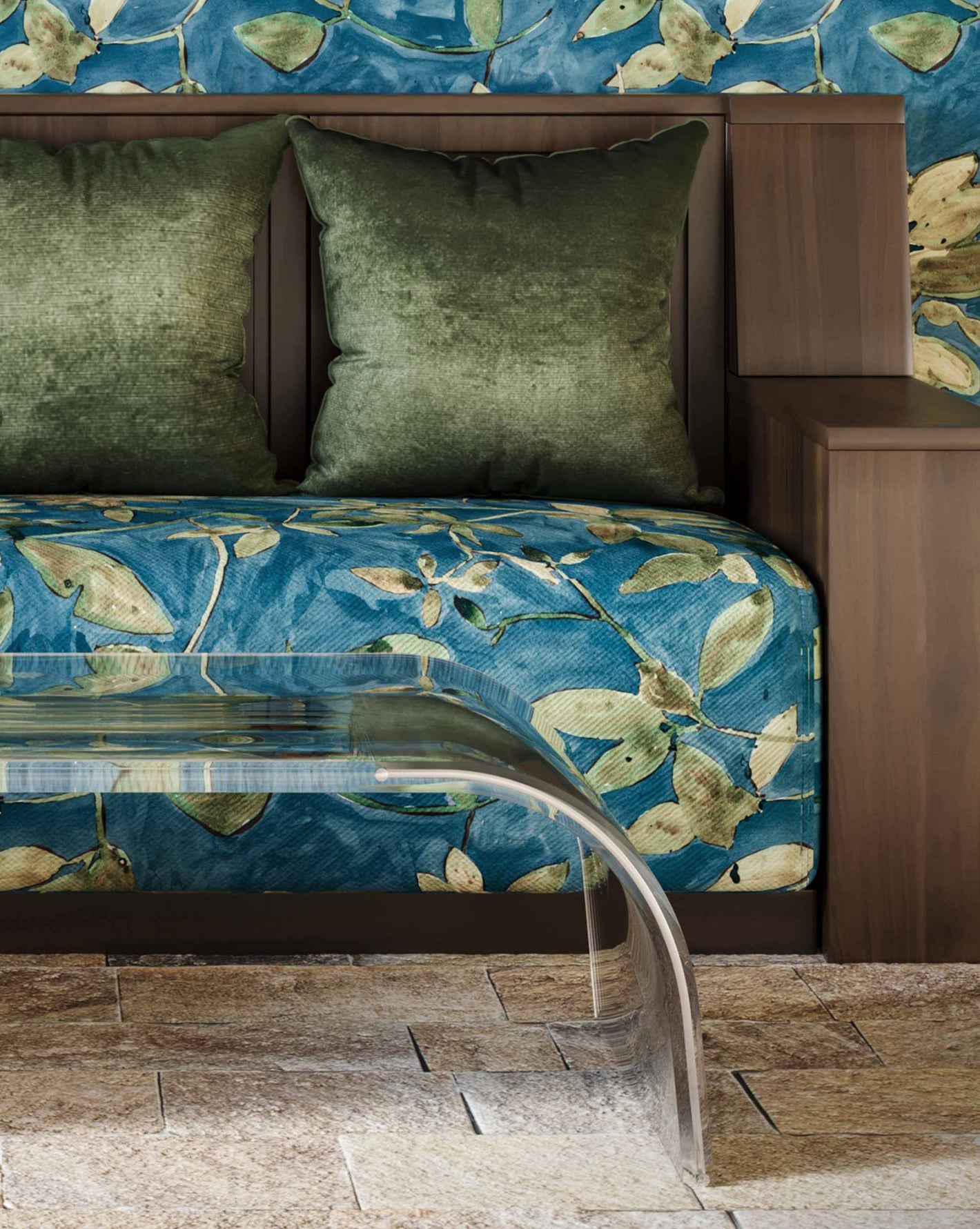 Plumeria Shadows Fabric Tide Pool — watercolored tropical branches and leaves casting sharp shadows in the midday sun formed the inspiration for the pattern. Tide Pool is a colorway featuring a deep blue background | Eskayel