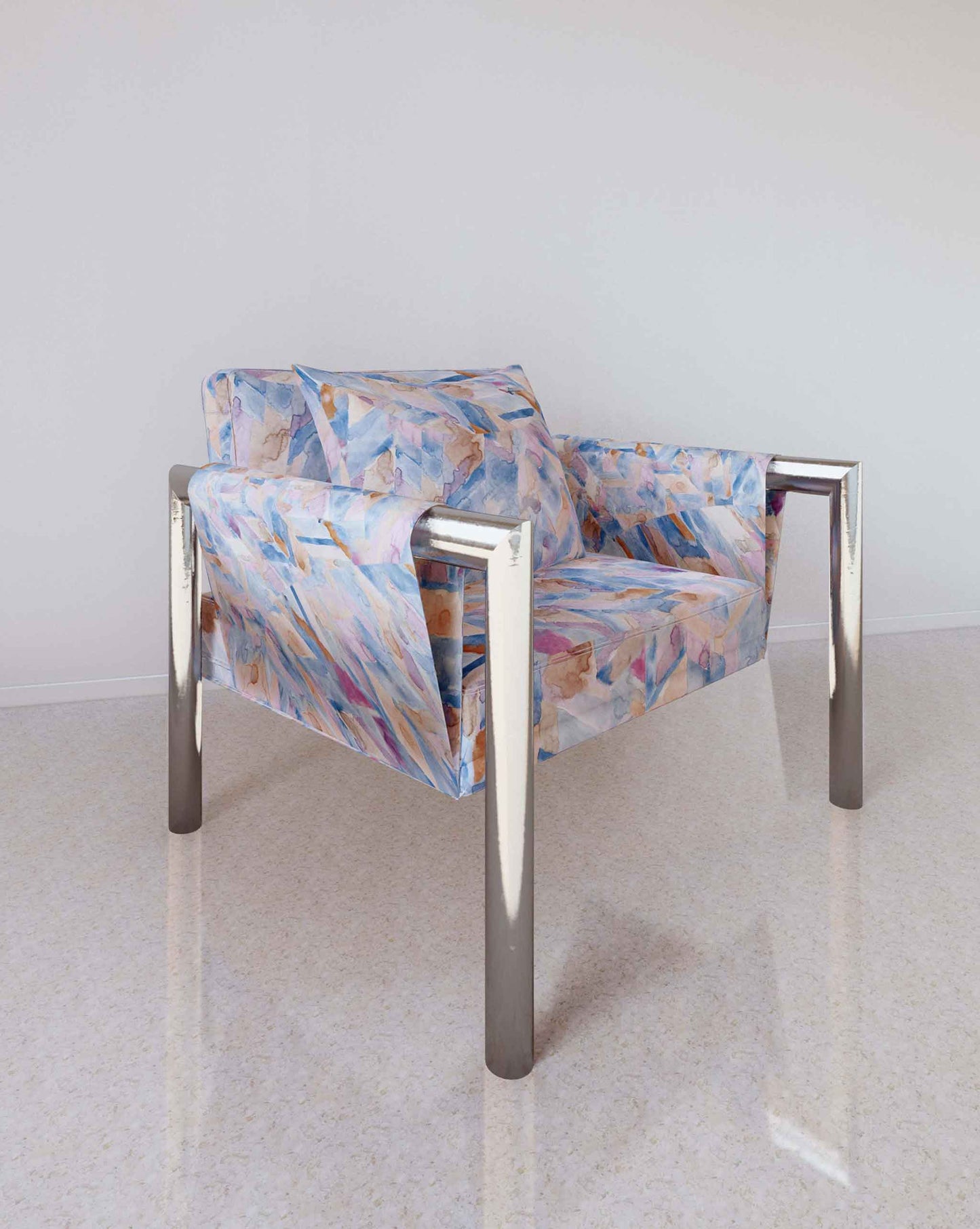 A chair with the Sorisa Fabric Reef from the Sorisa Ecuatorial Geometry collection in the Reef colorway