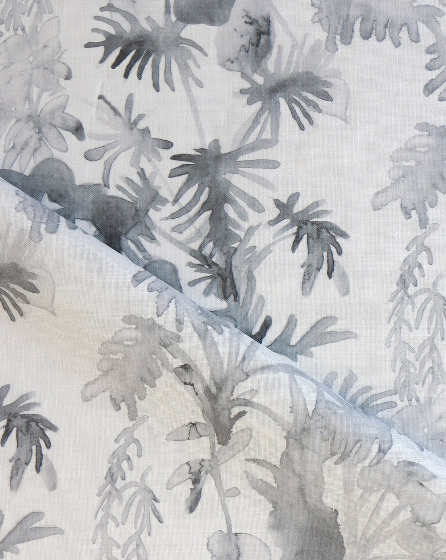 Inspired by the joy of the houseplant, Topiary custom fabric in Birch features shades of grey and black.