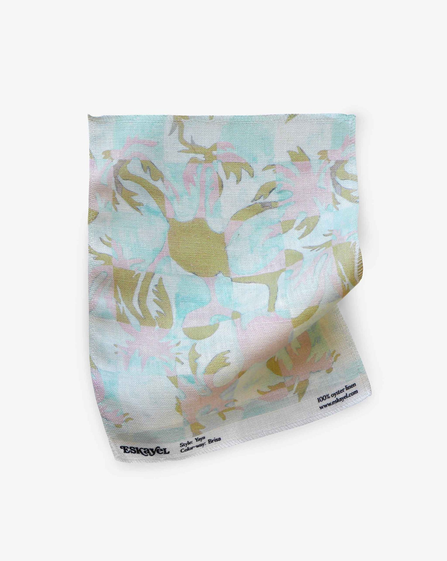Yaya fabric in Brisa as a swatch — beach-themed graphic botanical wallpaper in turquoise, taupe, and light pink | Eskayel