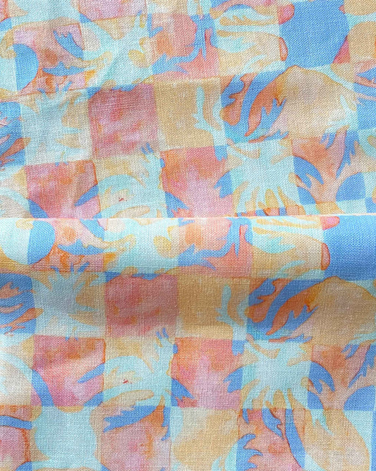 Yaya fabric in Punch — beach-themed graphic botanical fabric in bright pink, peach, periwinkle blue, and pale turquoise | Eskayel